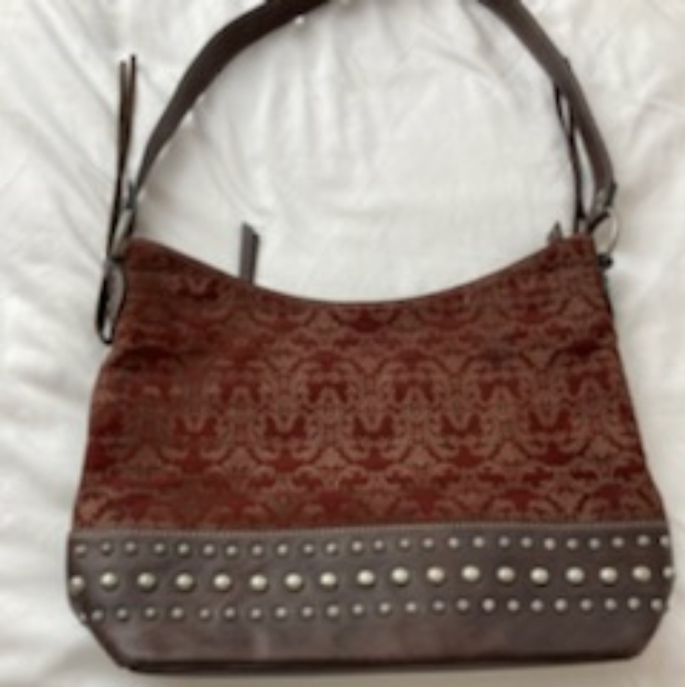 Fabric and studded leather shoulder bag